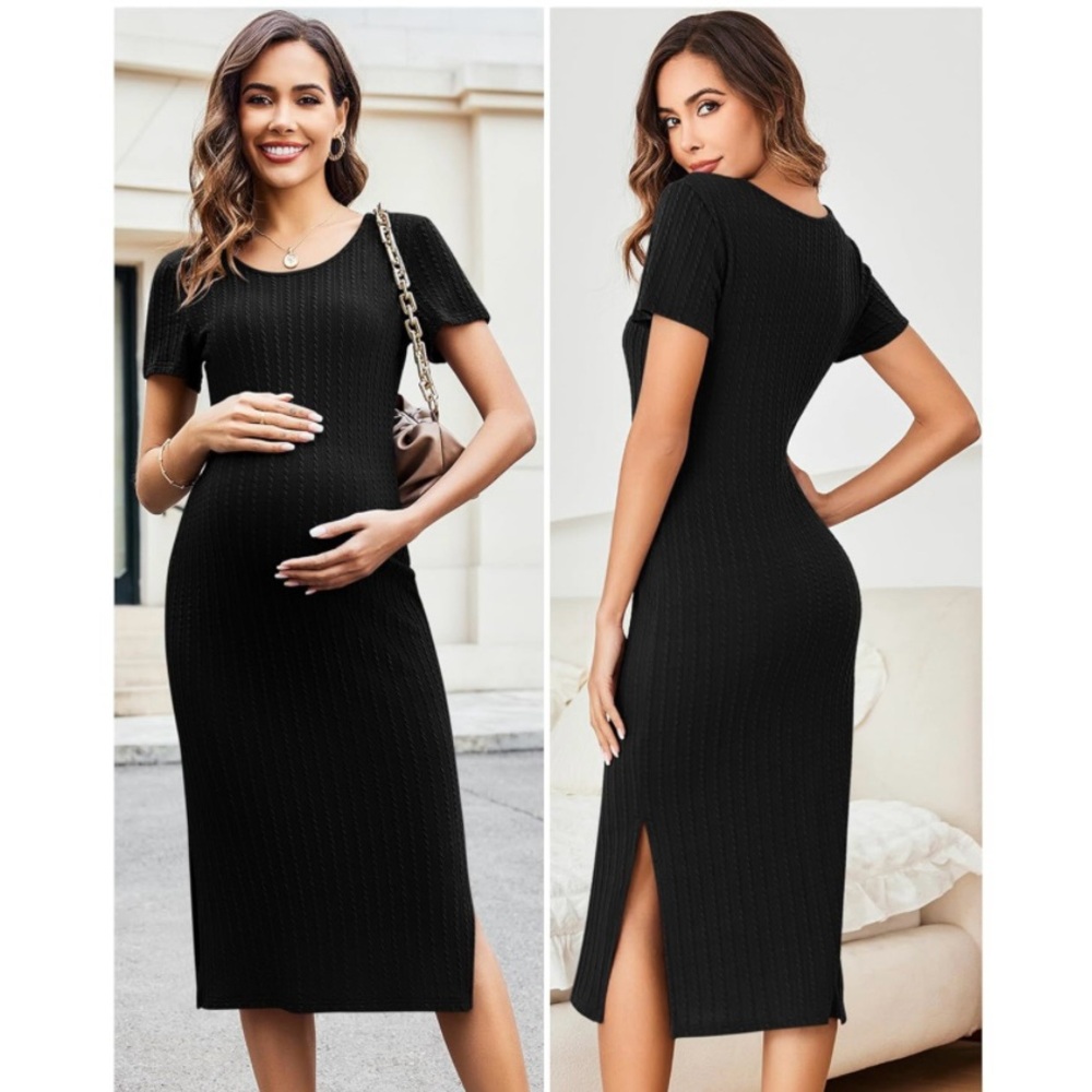 🆕 Maternity Nursing Rib Knit Short Sleeve Bodycon Dress Black XL